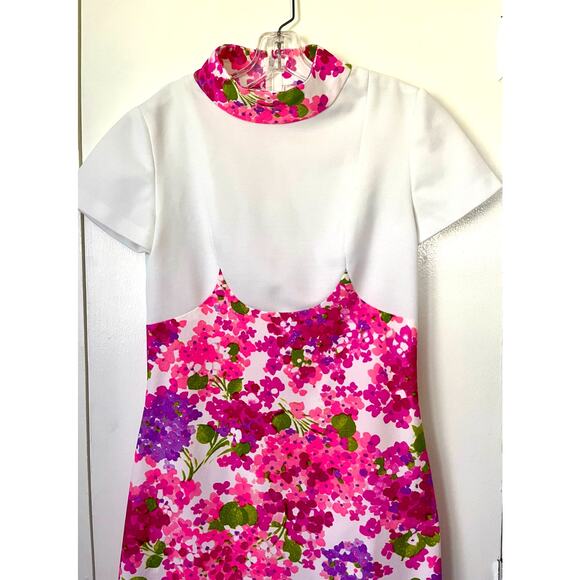 Vintage 60’s White Pink Flower Power Go Go Mini Dress XS Small Groovy Hippie - Picture 3 of 5